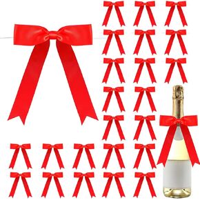 Riceshoot 24 Pcs Satin Ribbon Twist Tie Bows 5 x 7 Inch Large Decorating Ribbon Gift Bows Christmas Bows for Gift Wrapping Champagne Bottle Cake Treat Bag DIY Craft Wedding Birthday Party(Red)