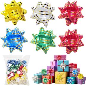 elify Mini Christmas Gift Bows, 1.5" Laser Tiny Wrap Bows for Small Gift Wrapping, Poly Sticky Bows 6 Colors Star Bows for Crafts, Candy, Xmas (1.5 inch-100Pcs) Laser