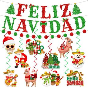 Feliz Navidad Decorations, Mexican Christmas Decorations includes Feliz Navidad Banner and Feliz Navidad Christmas Decorations Hanging Swirls, Spanish Christmas Mexican Decorations for Christmas