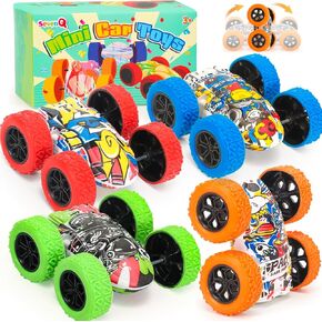 Toy Cars for Kids, 4 Pcs Monster Truck Toys Vehicles Push and Go Flip Stunt Car, Race Cars Party Favors for Toddlers Goodie Bag Prizes Treasure Box Toys for Boys 4-6 Christmas Birthday Gifts