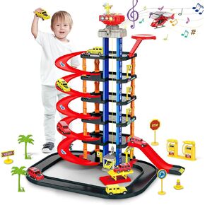COVTOY Parking Garage Toy Playset,Race Car Track Toy with Sounds and Lights Effect,Toy Car Parking Garage with Cars and Helicopter,Car Toys Birthday Gifts for Boys 3 4 5 Year Old