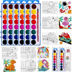 Vanblue 24 Set 4 x 4Inch Predrawn Canvas with Watercolor Paint Sets for Kids Painting Washable Water Color Painting Gifts for Kids 4-8 Children School Classroom Birthday Party Goodie Bags Art Lessons