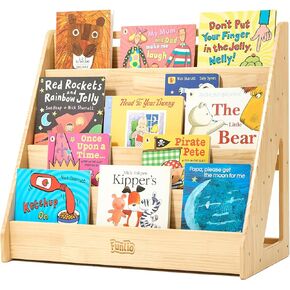 FUNLIO Premium Pine Montessori Classroom Bookshelf, 5 Tier Front-Facing Kids Book Shelf for Classroom, Book Organizer for Kids with Handle & Back Storage Space, Kids Bookcase for Nursery/Playroom