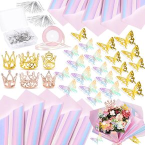 151Pcs Waterproof Flower Wrapping Paper Bouquet Kit, 20 Sheets Floral Wrapping Paper for Bouquets with 72ft Ribbon 100 Flower Pins 24 3D Butterflies and 6 Crowns for Florist Wrap (Iridescent Pink)