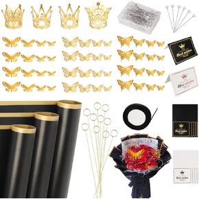 Fesorsi 20 Sheet Flower Wrapping Paper,142 Pcs Waterproof Floral Bouquet Wrapping Paper,Black Flower Paper Wrap for Wedding Birthday Gift DIY,Florist Bouquet Paper with 3D Butterflies,Ribbons,Crowns