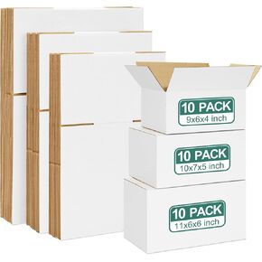 Eupako 30 Pack Small Shipping Boxes Assorted Sizes, 4x4x4 & 5x5x5 & 6x6x6 10 PCS Each Small Boxes, White Corrugated Box Mailers, Cardboard Boxes for Packaging Small Business, Mailing