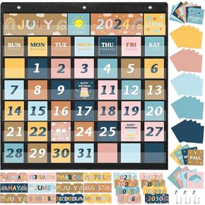 Fulmoon 119 Pcs Boho Classroom Calendar Pocket Chart Set Calendar Bulletin Board Set with Pocket Seasons Festival Weather Calendar Pocket Chart for Classroom Decoration Back to School Supplies
