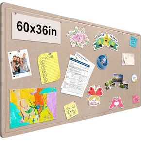 Foldable Large Bulletin Board, 60x36 Inches Cork Board Alternative, Large Felt Board Decorative Pin Board for Wall, Foldable Photo Board Self-Adhesive Vision Board with 36 Pushpins Khaki