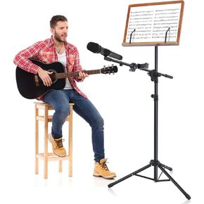 Shikha Sheet Music Stand with Phone Holder Microphone Holder Brown Wooden Bookplate, 3 in 1 Multi-Use Folding Desktop Book Stand, Portable Adjustable and Heavy Duty with Clip Holde（Brown）