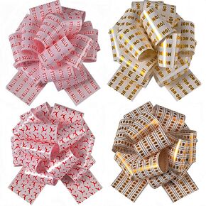 12 Pcs 7 Inch Christmas Wrap Ribbon Pull Bows for Christmas Decorations, Printed with Christmas Tree, Christmas Reindeer, Ho Ho Ho, and Jingle Bells, 011 Christmas Set1