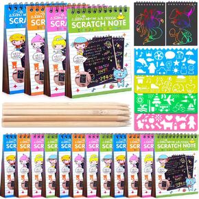 16 Pack Drawing Notebook Set, Scratch Art Paper Rainbow Mini Notes, Sketch Drawing Pad for Kids Party Favors（with 16 Wooden Stylus & 4 Drawing Stencils）