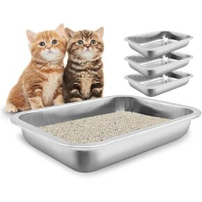 Fhiny 4Pack Stainless Steel Kitten Litter Box, Small Size Low Entry Metal Cat Open Litter Pan Potty Kitten Training Toilet Odor Control Smooth Surface Easy to Clean for Kitten Bunny