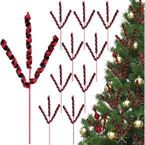 16 Pcs Christmas Tree Curly Picks Ornaments 15'' Fabric Holiday Xmas Picks Decorative Sprays for Xmas Tree, Wreath, Garland Craft Home Holiday Vase Filler Xmas Party Decor(Red,Solid Color)