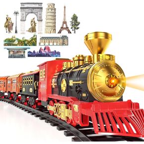 SNAEN Train Sets with Steam Locomotive Engine, Cargo Car and Tracks, Battery Powered Play Set Toy w/Smoke, Light & Sounds, for Kids, Boys & Girls 3 4 5 6 7 Years Old