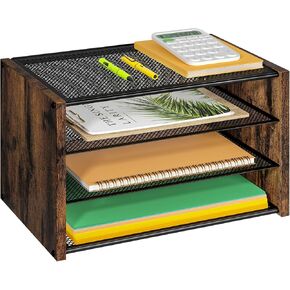 3-Tier Paper Organizer Letter Tray, Wooden Desk File Organizer, Stackable Metal Mesh Desk Organizer for A4 Printer Paper Storage. Small Paper Trays for Home Office School, Rustic Brown