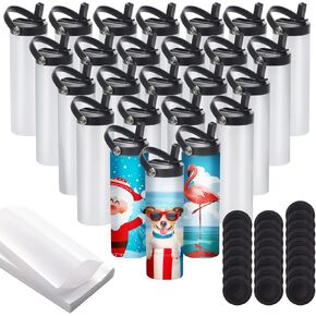 25 Pack Sublimation Tumblers Flat Edge Blanks Skinny Straight 20 oz, Stainless Steel Double Wall Insulated Sublimation Water Bottles with Portable Handle & Straw Lids for Heat Transfer, White