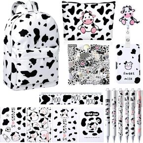 Hillban 20 Pcs Cute Cow Supplies Set, Includes Cow Print Girls Backpack Pencil Bag 6 Cow Ballpoint Pen 8 Notebooks 1 Set Stickers Ruler Badge Holder Case and Reel Clip Christmas Thanksgiving Gift