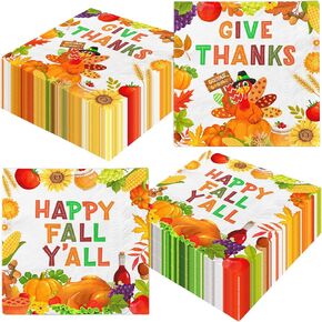 Fall Thanksgiving Napkins, 40pcs Fall Napkins Turkey Pumpkin Thanksgiving Paper Napkins Disposable Give Thanks Napkins for Autumn Harvest Thanksgiving Party Decorations