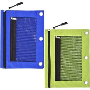 3 Ring Binder Pencil Pouchs, Zippered Pencil P9ouch Double Pocket Pencil Pouch 3 Ring with Clear Window (Blue&Green 2pack)