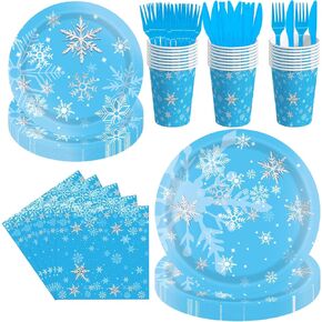 144PCS Snowflake Birthday Party Supplies Frozen Birthday Party Supplies Winter Wonderland Party Decorations Snowflake Christmas Party Tableware Set Snowflake Plates Napkins Cups Forks Knives Serve 24
