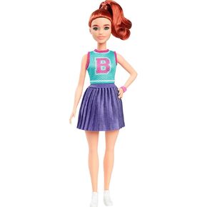 Barbie Fashionistas Doll #232 with Red Hair, Wearing Sporty “B" Jersey Top and Pleated Purple Skirt with Watch and Sneakers