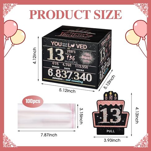 TOYEISHI 13 Happy Birthday Money Gift Box, 13th birthday decorations for girls, gifts for 13 year old girl, 13 year old girl birthday gift ideas, teenager gift ideas 100PCS Bags - Black & Rose Gold in Saudi Arabia