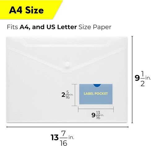 10 Plastic Envelopes with Snap Closure & Label Pocket - Clear - Document Folders, Document Organizer for School, Office Supplies in Saudi Arabia