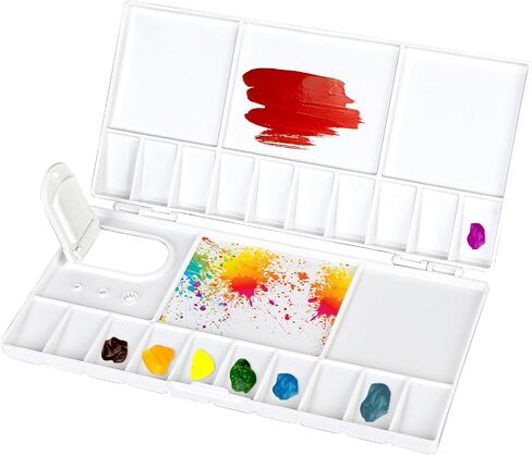 1 Pcs Folding Watercolor Paint Palette Case with Lid, 25 Compartments Paint Mixing Palette, Plastic Paint Palette Tray with Thumb Hole, Portable White Paint Palette, Watercolor Paint Tray in Saudi Arabia