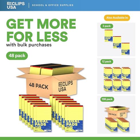 E-CLIPS USA Notepads, Small Legal Pads, Note Pads 5x8, Legal Wide Rule Notepad, Canaray, Chipboard Back, Slim Writing Pad, Office Supplies, 50 Sheets Per Pad (12 Pack) in Kuwait
