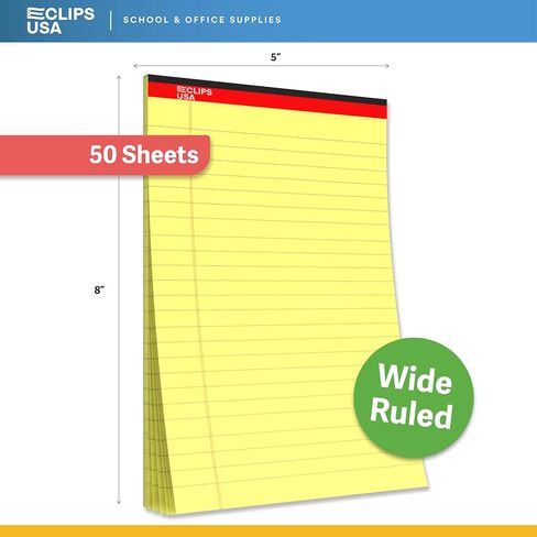 E-CLIPS USA Notepads, Small Legal Pads, Note Pads 5x8, Legal Wide Rule Notepad, Canaray, Chipboard Back, Slim Writing Pad, Office Supplies, 50 Sheets Per Pad (12 Pack) in Saudi Arabia