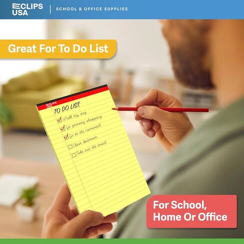 E-CLIPS USA Notepads, Small Legal Pads, Note Pads 5x8, Legal Wide Rule Notepad, Canaray, Chipboard Back, Slim Writing Pad, Office Supplies, 50 Sheets Per Pad (12 Pack) in Kuwait
