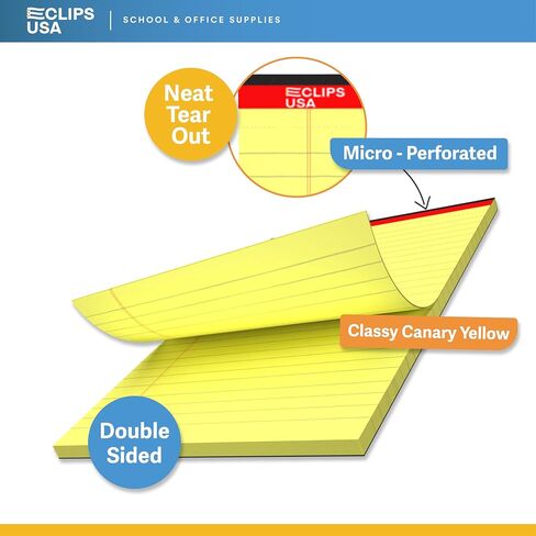 E-CLIPS USA Notepads, Small Legal Pads, Note Pads 5x8, Legal Wide Rule Notepad, Canaray, Chipboard Back, Slim Writing Pad, Office Supplies, 50 Sheets Per Pad (12 Pack) in Saudi Arabia