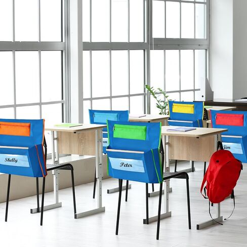 6 Pack Classroom Chair Pocket with Pencil Case 16.5x15'' Chairback Pocket Chart Chair Storage Pocket Classroom Seat Organizer with Name Tag School Chair Bag Student Desk Organized(Blue) in Kuwait