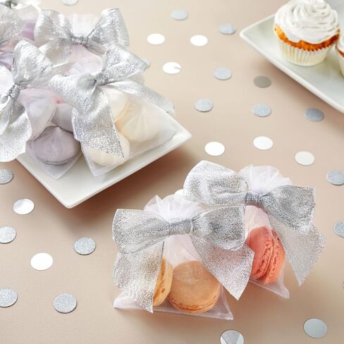 36 Pack Mini Silver Organza Twist Tie Bows for Party Favors and Treat Bags (4 x 3 in) in Kuwait