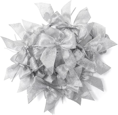 36 Pack Mini Silver Organza Twist Tie Bows for Party Favors and Treat Bags (4 x 3 in) in Kuwait