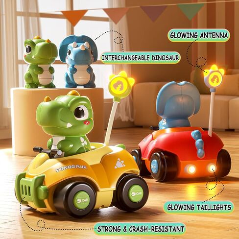 Dinosaur Remote Control Car for Toddlers,Two Dinosaur Toys Vehicles with LED Lights & Music，Electric RC Cars Toys for Boys Kids Birthday Age 3 4 5 6 Years Old. in Saudi Arabia
