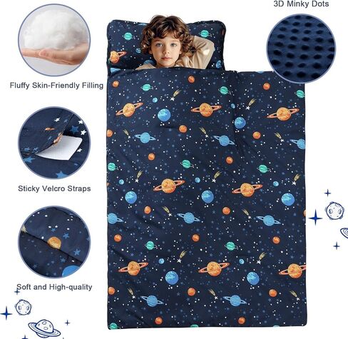 PHF Toddler Nap Mat with Removable Pillow and Minky Blanket, Rollup Design Kids Sleeping Mat, Slumber Bags for Boys, 55"x23" Toddler Sleeping Bag for Daycare Preschool Travel Camping, Space in Saudi Arabia