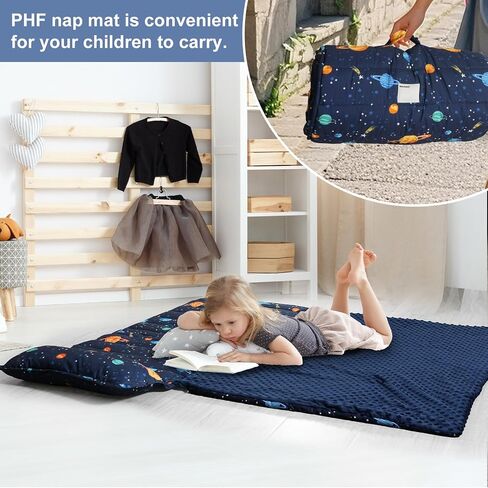PHF Toddler Nap Mat with Removable Pillow and Minky Blanket, Rollup Design Kids Sleeping Mat, Slumber Bags for Boys, 55"x23" Toddler Sleeping Bag for Daycare Preschool Travel Camping, Space in Saudi Arabia