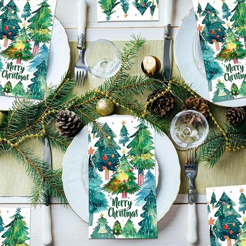 Christmas Tree Guest Napkins Christmas Paper Napkins Disposable Christmas Guest Napkins Decorative Hand Napkin Xmas Lunch Dinner Decorative for Xmas Winter Holiday Table Decor, 40Pcs, 4.5x8 Inch in Kuwait