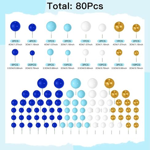 80 قطعة من كرات الكيك من NACHLYNN لتزيين الكيك بالون صغير، كرات علوية من الفوم للكب كيك لتزيين الكيك وحفلات أعياد الميلاد وحفلات الزفاف والذكرى السنوية (سلسلة الذهب الأبيض والأزرق) in Kuwait