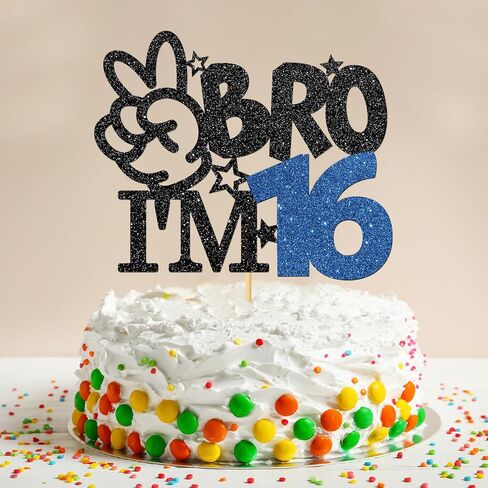 غلاف كعك Bro I'm 16 - لوازم كعكة عيد الميلاد السادس عشر للأولاد - عمر ستة عشر عامًا - ديكور حفلات عيد الميلاد السادس عشر للأخ الأكبر - لمعان أسود in Kuwait