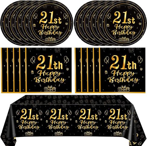 41 PCS 21st Birthday Decorations for Women Men Black and Gold Cheers to 21 Years Set Included Plates Napkins Tablecloth for Her Him 21 Years Old Birthday Party Supplies in Kuwait