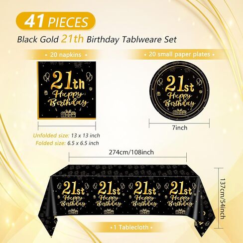 41 PCS 21st Birthday Decorations for Women Men Black and Gold Cheers to 21 Years Set Included Plates Napkins Tablecloth for Her Him 21 Years Old Birthday Party Supplies in Kuwait