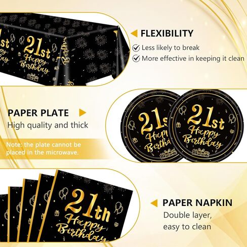 41 PCS 21st Birthday Decorations for Women Men Black and Gold Cheers to 21 Years Set Included Plates Napkins Tablecloth for Her Him 21 Years Old Birthday Party Supplies in Kuwait