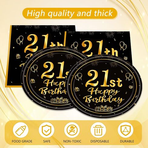 41 PCS 21st Birthday Decorations for Women Men Black and Gold Cheers to 21 Years Set Included Plates Napkins Tablecloth for Her Him 21 Years Old Birthday Party Supplies in Kuwait