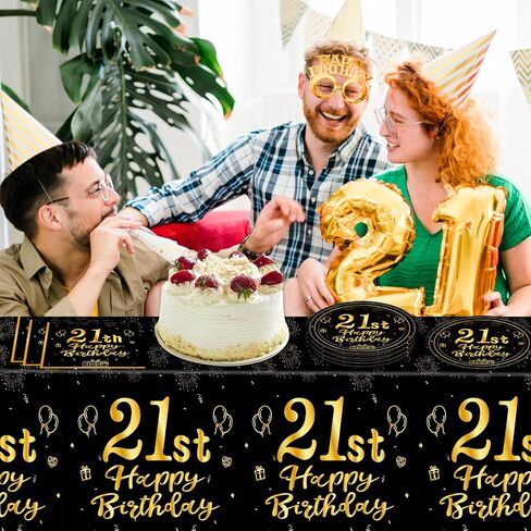 41 PCS 21st Birthday Decorations for Women Men Black and Gold Cheers to 21 Years Set Included Plates Napkins Tablecloth for Her Him 21 Years Old Birthday Party Supplies in Kuwait