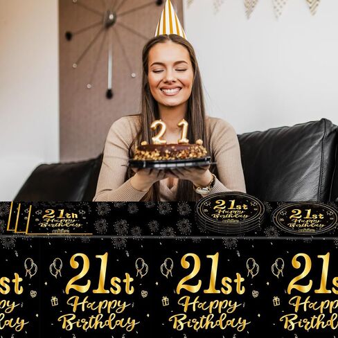 41 PCS 21st Birthday Decorations for Women Men Black and Gold Cheers to 21 Years Set Included Plates Napkins Tablecloth for Her Him 21 Years Old Birthday Party Supplies in Kuwait