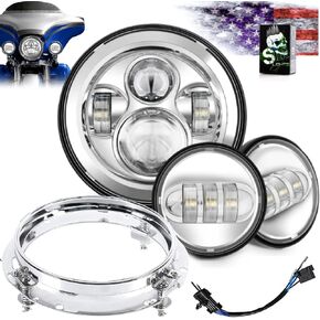 SLK-Customs 7 inch LED Headlight Fog Passing Lights DOT Kit Ring Motorcycle for Harley Davidson Touring Road King Ultra Classic Electra Street Glide Heritage Softail Slim Deluxe Fatboy (Chrome)