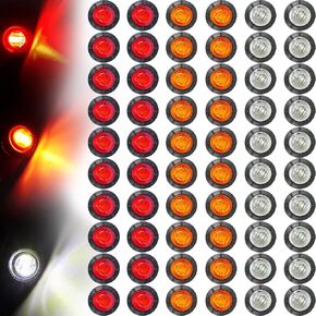 60 Pack Trailer Lights Bulk 3/4 Inch LED Marker Lights Side Marker Indicator Lights Front Rear Turn Signal Round Lamp Waterproof for Truck, Boat, RV, Van, Pickup, ATV 12V DC, Amber, Red, White