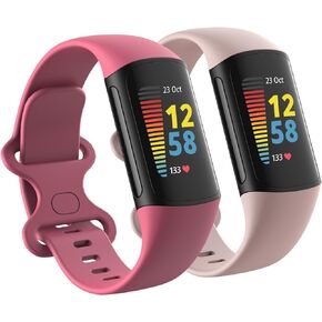 2 Pack Waterproof Bands Compatible with Fitbit Charge 5 / Fitbit Charge 6 for Women Men, Classic Soft Sports Replacement Wristbands for Women Men (Small 5.5''-7.8'', Almond/Light Purple)